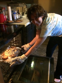 Julia making Apple pie from scratch with apples picked from Host Moms backyard tree